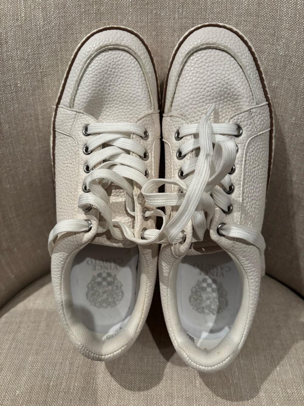 Women’s Vince Camuto Pebbled White Sneakers with Brown Piping